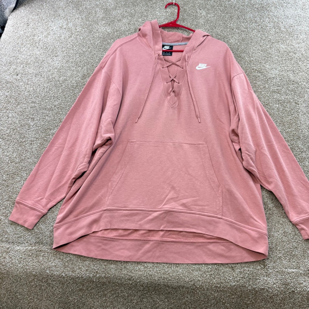 Nike Womens XL Rose Pink Lace Up Pullover Hoodie French Terry Sweatshirt Spring